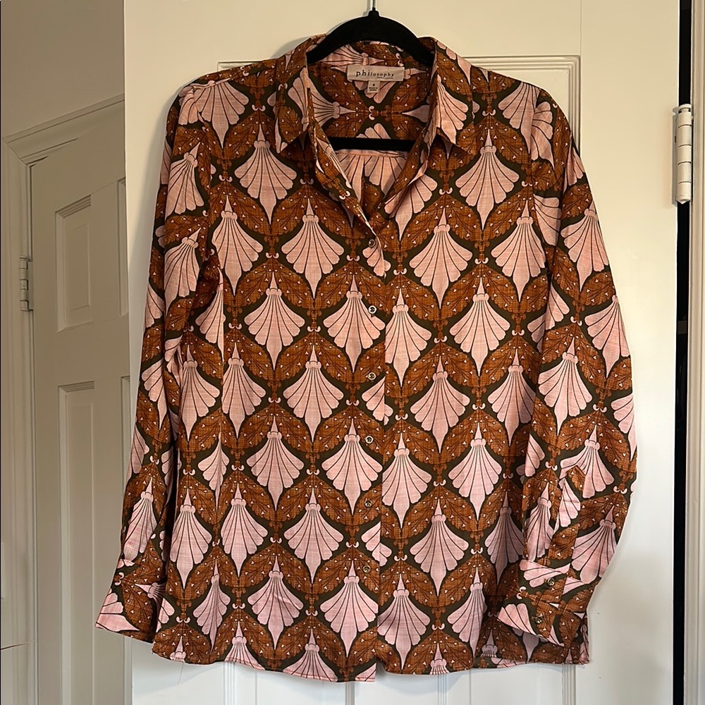 Philosophy scalloped Pink and Brown Women's Button Up